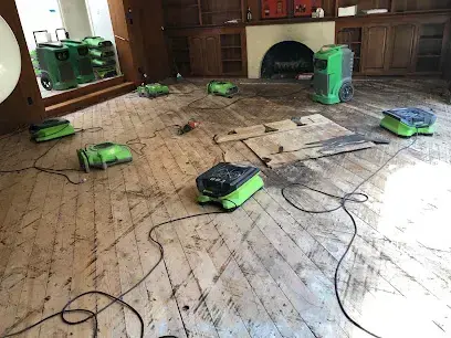 Air movers drying hardwood next to a fireplace in a Forest Hills, TN home