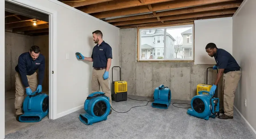 Restoration techs placing air movers and a dehumidifier in a lower level in Forest Hills, TN